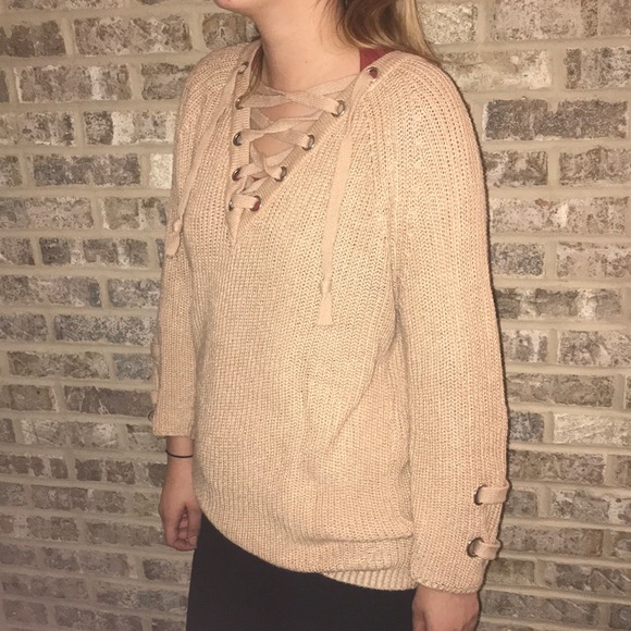 Shein Sweaters - tan lace up sweater